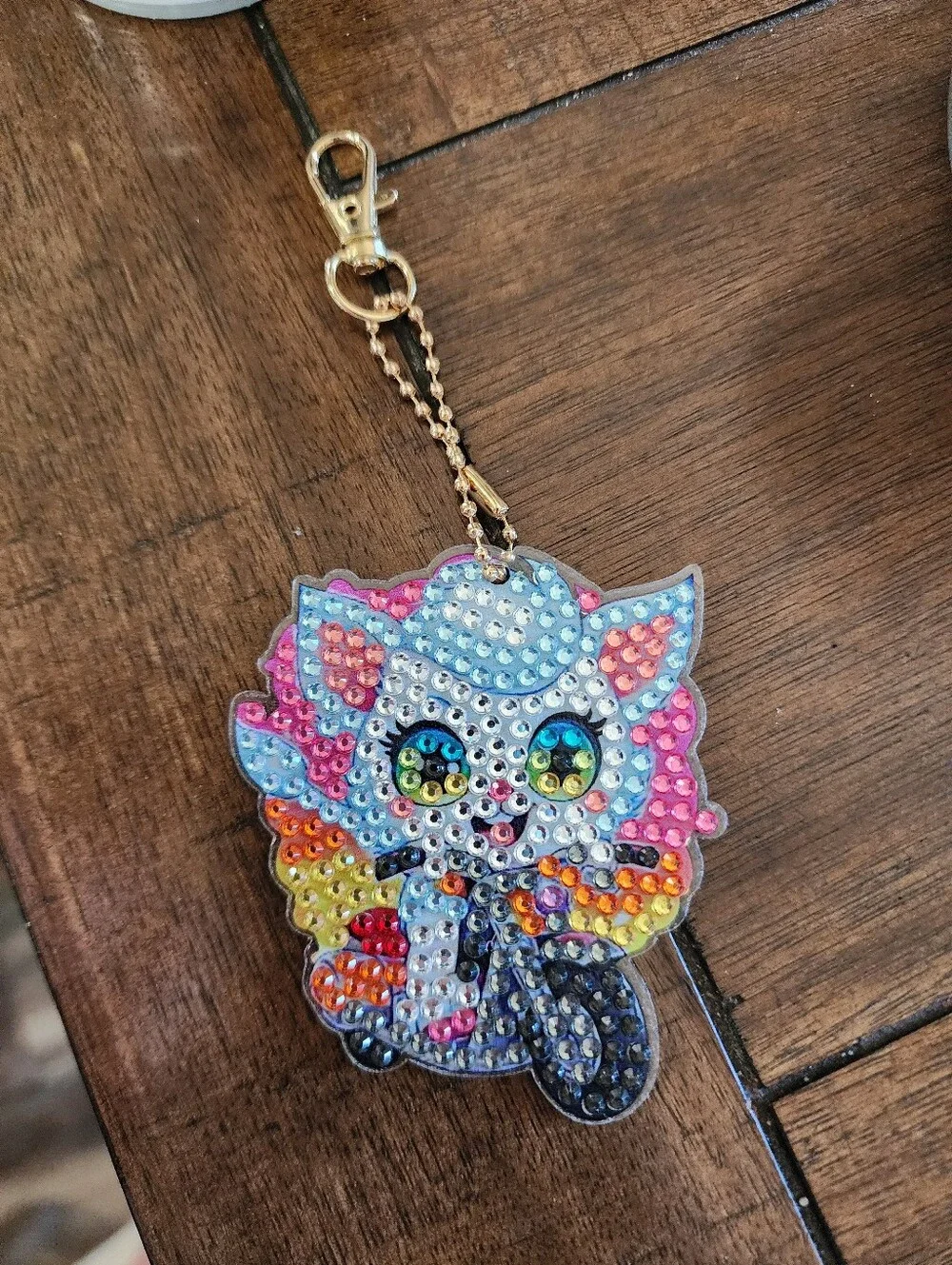 Rhinestone Rainbow Cat Keychain Charm - Pink/Blue Multicolor